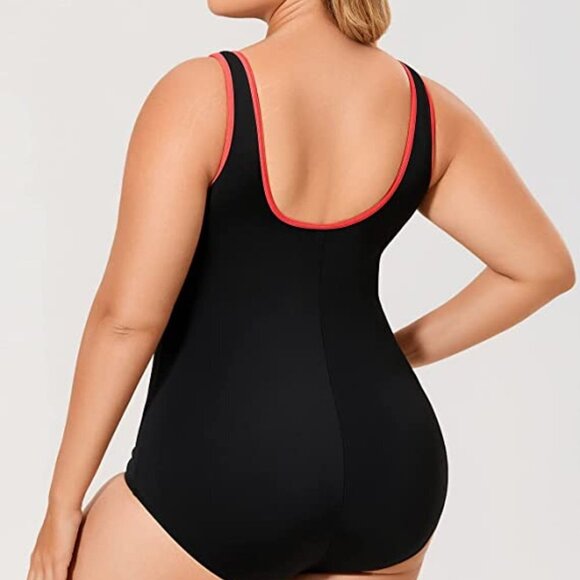 DELIMIRA BLACK & ORANGE RUCHED ZIPPER FRONT ONE PIECE SWIMSUIT SIZE 14 PLUS NWT - Picture 4 of 11